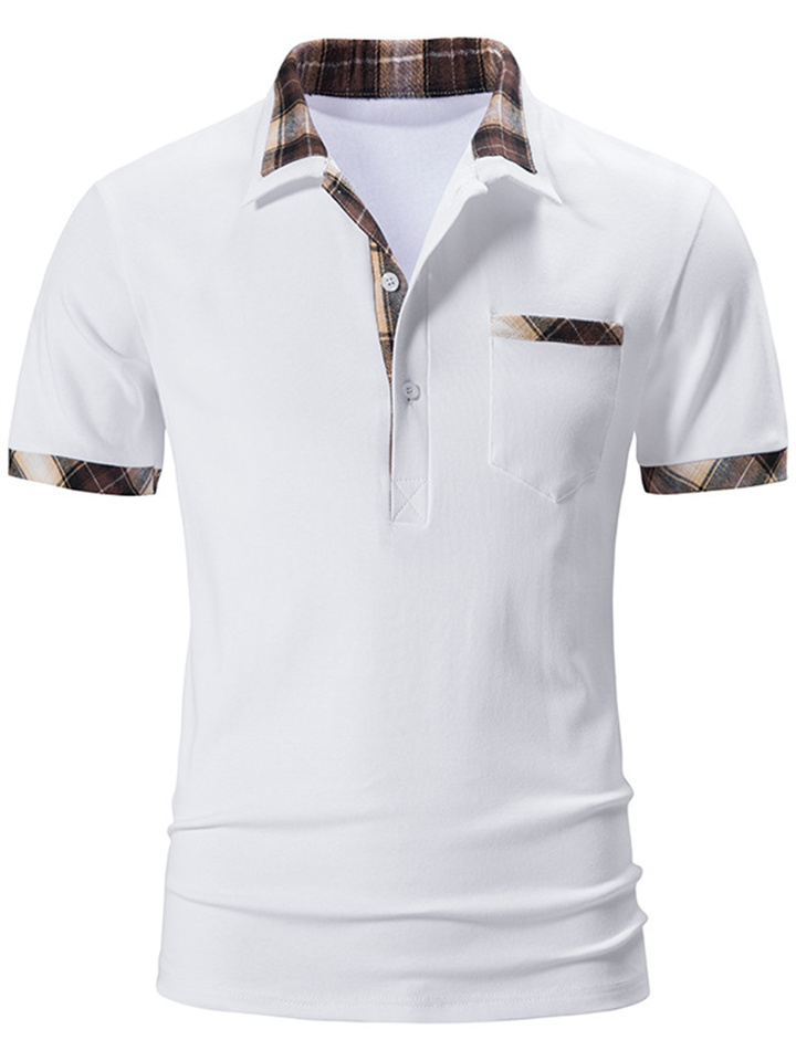 New Men's Short-sleeved Basic Models Lapel Polo Shirt Men's Plaid Color Blocking T-shirt Casual Fashion Urban Style Tops