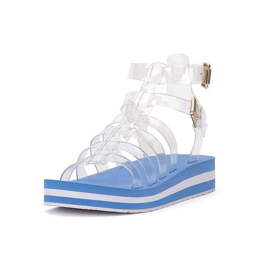 Clear PVC Round Toe Wedge Heel Buckle Ankle Strap Platform Sandals Nicepairs