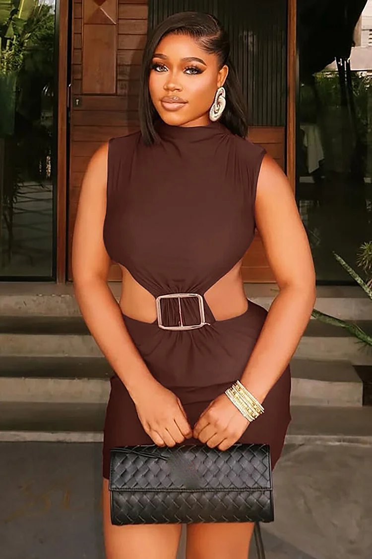 Sleeveless Mock Neck Waist Cutout Bodycon Mini Dresses-Brown
