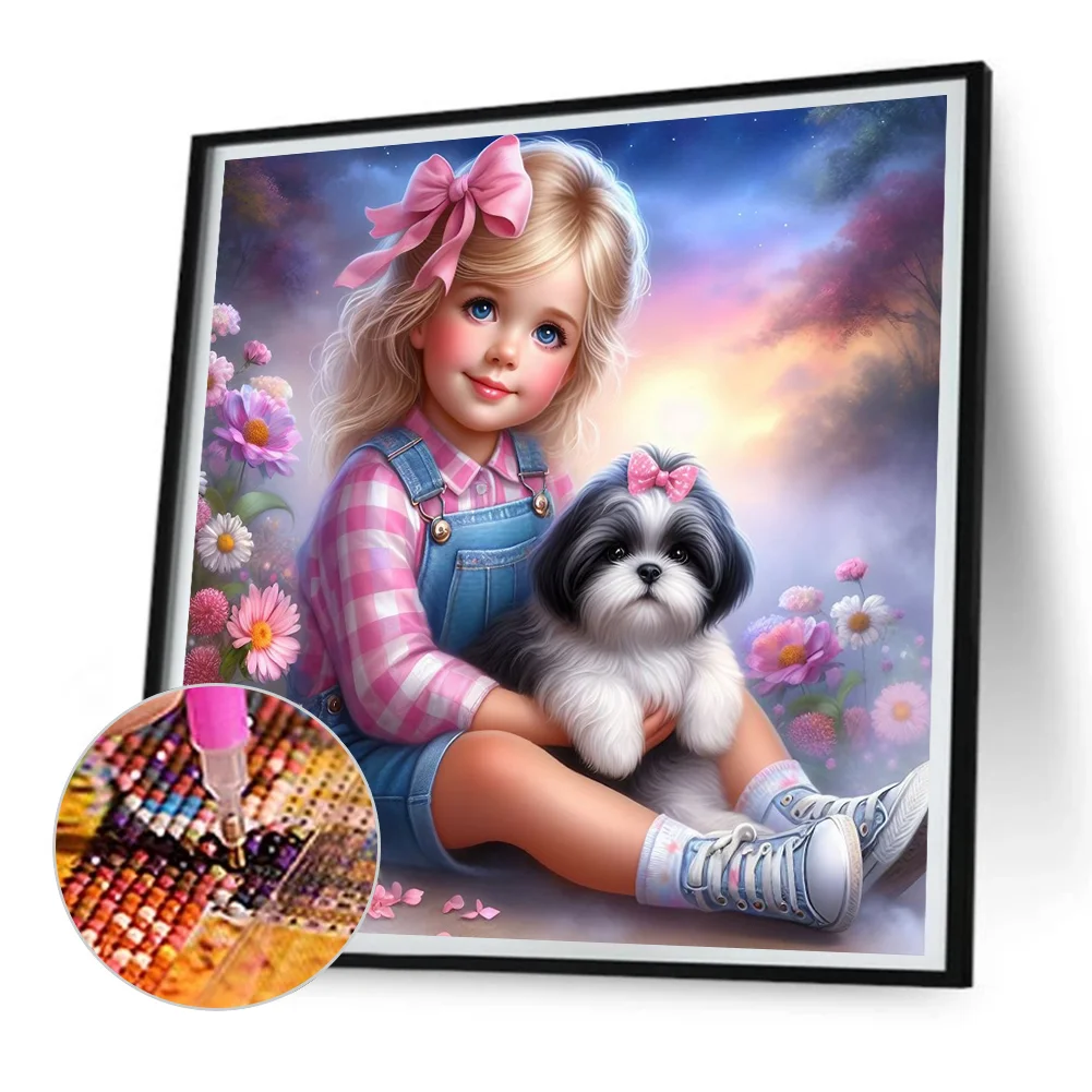 Diamond Painting - Full Round Drill - Garden Girl Dog(Canvas|30*30cm)