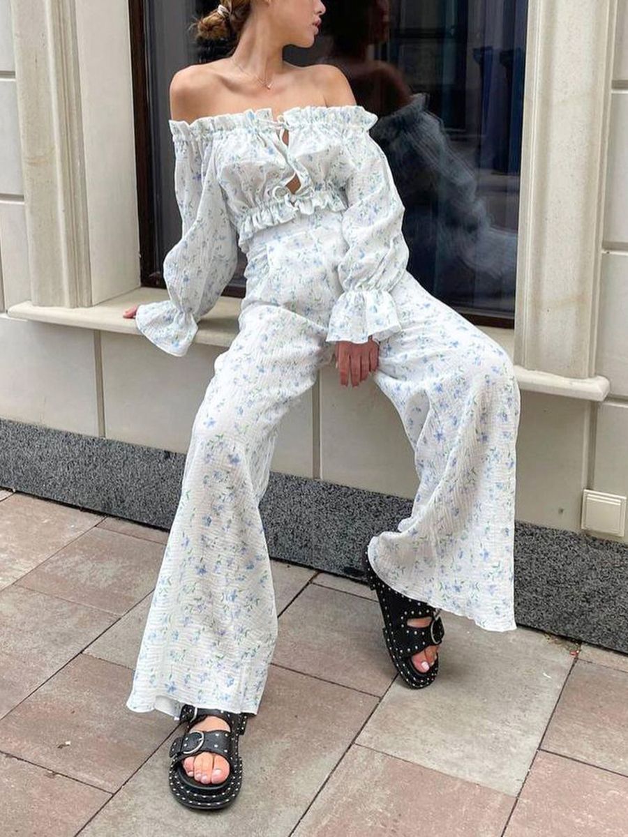 Off Shoulder Floral Pattern Top & Straight Wide Leg Pants Sets