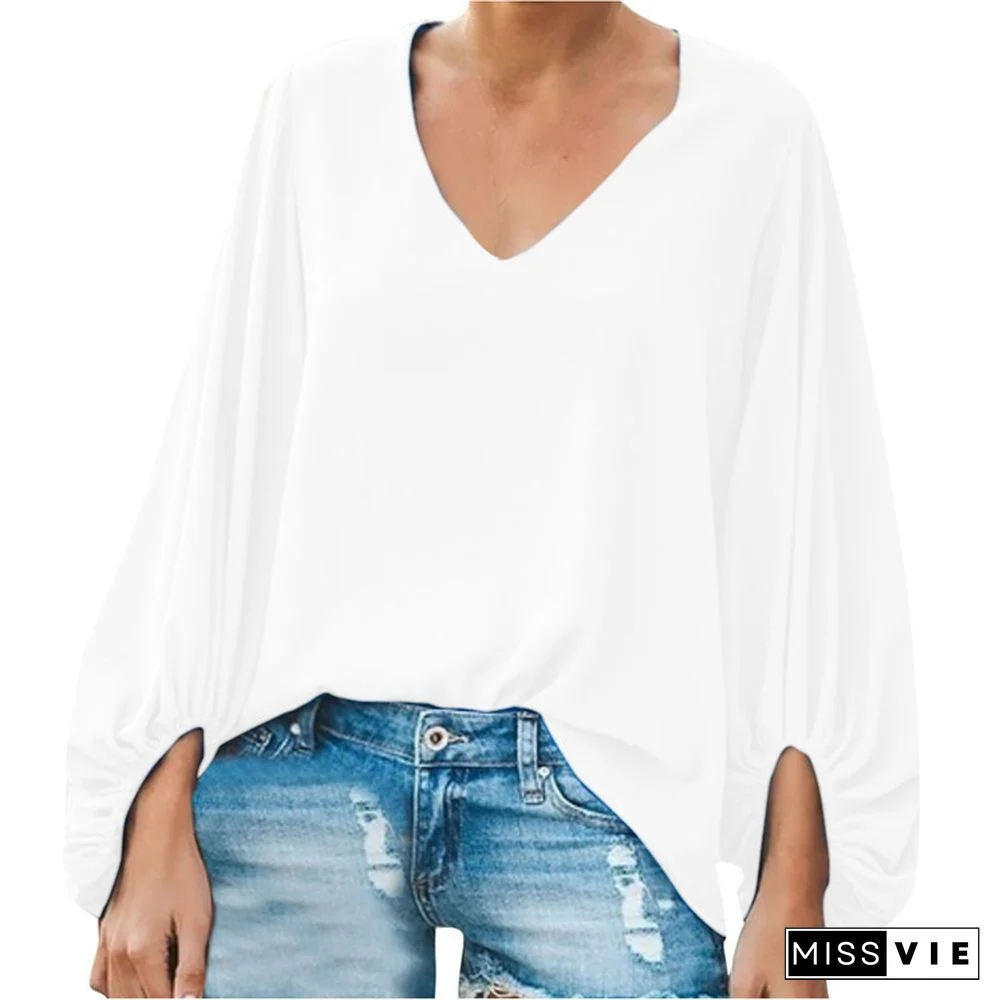 Women Stylish Tops Elegant OL Office Work Shirts Long Lantern Sleeve Sexy V-Neck Casual Bow Loose Blouse Tops