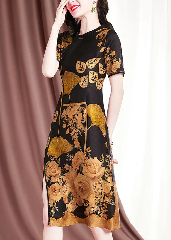 Fitted Black O-Neck Floral Print Side Open Silk Dress Short Sleeve