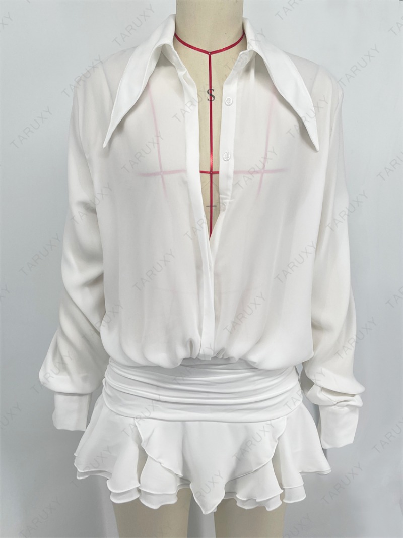 Ootddress White Chiffon Mini Dress For Women Casual Loose Oversized Pleated Mini Dress See-through Summer Beach Elegant Shirt Dress