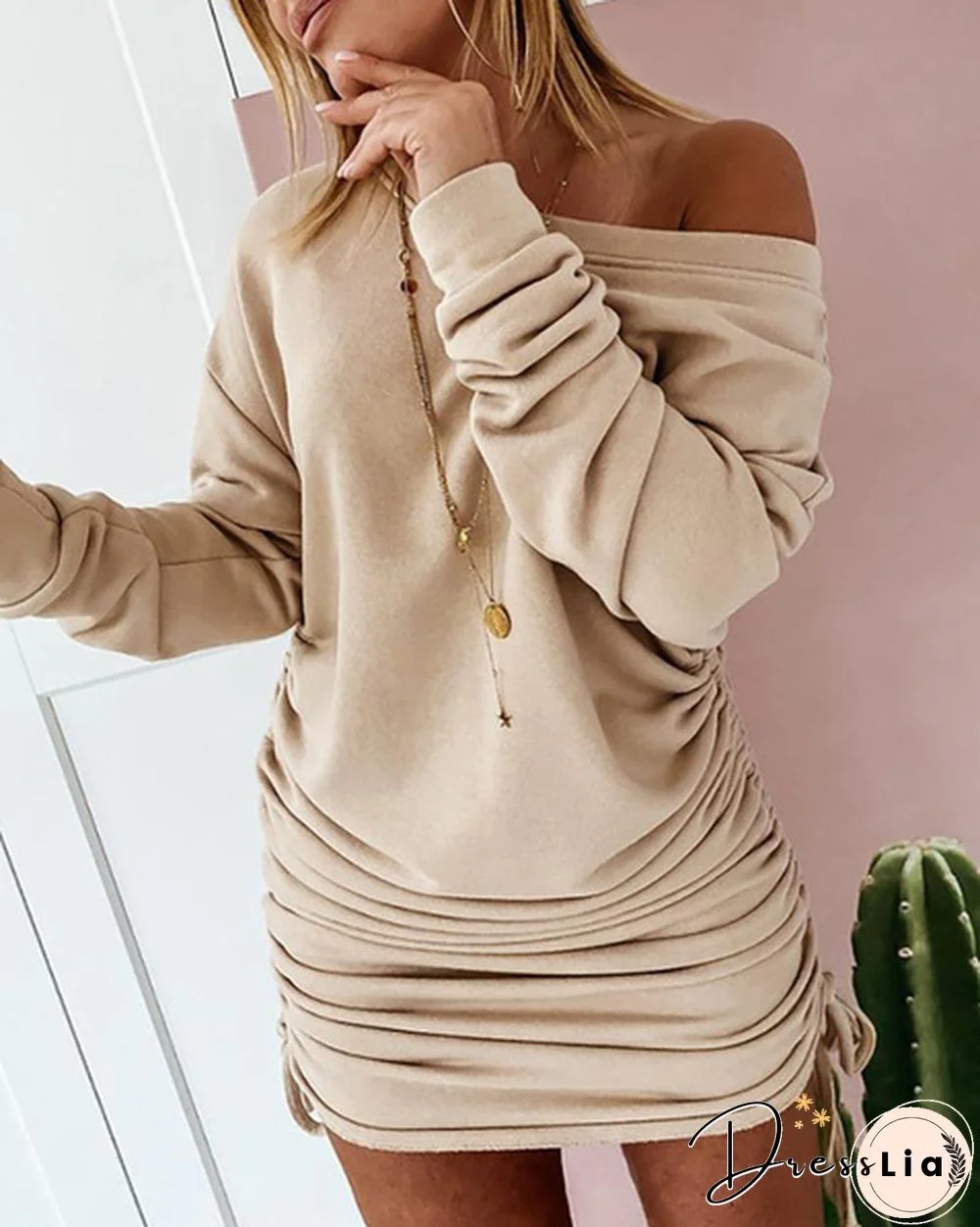 Women Fashion Sexy Off Shoulder Ruched Drawstring Bodycon Mini Dress Casual Solid Color Long Sleeve Pullover Sweatshirt Autumn Winter Ladies Cotton Long Tops Blouses Plus Size S-5XL