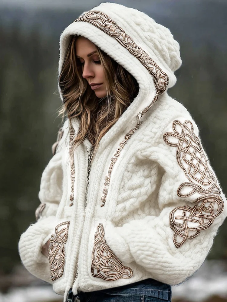 Women's Viking Celtic Knot Cozy Warm Knit Full Zip Hooded Sweater