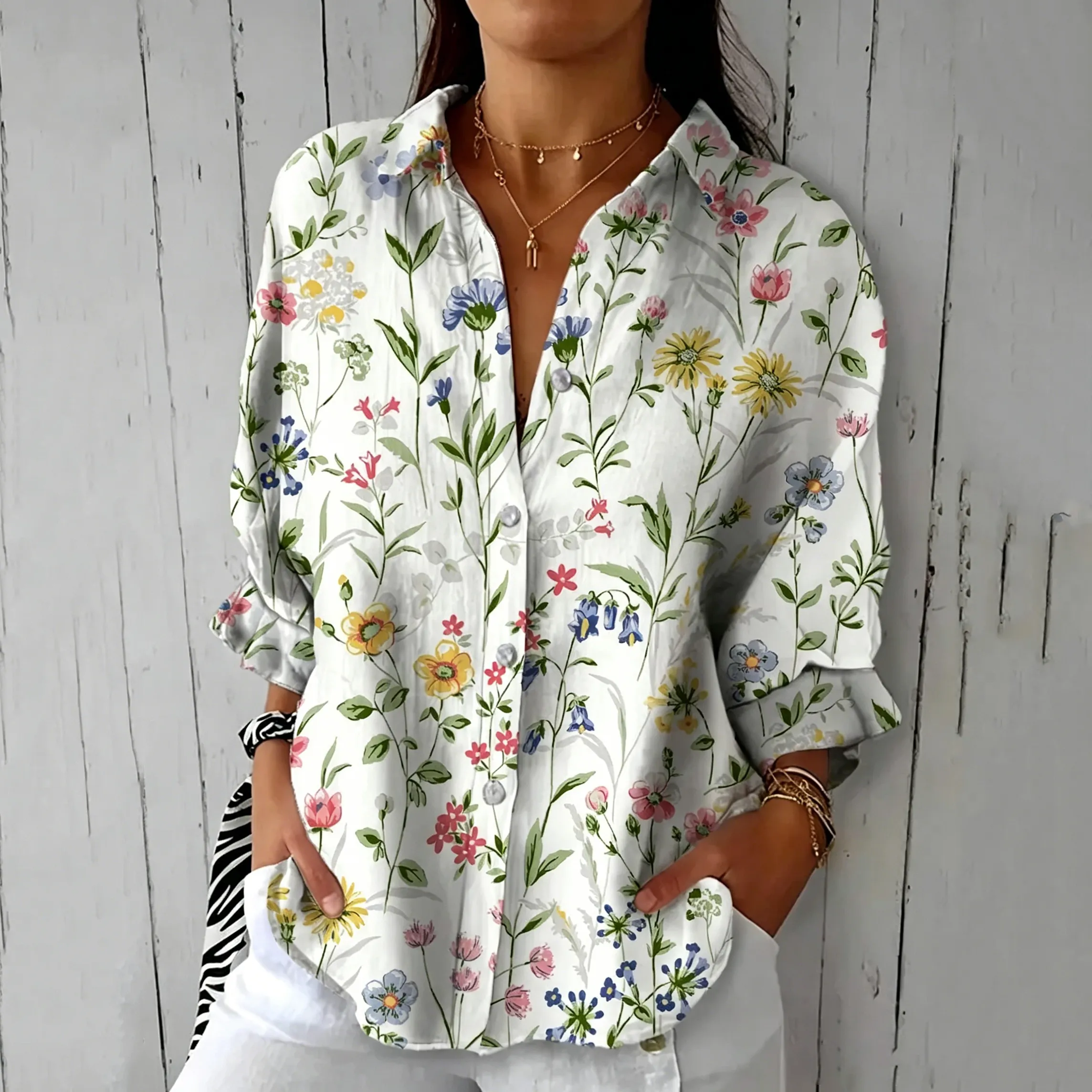 Women's Vintage Floral Art Print Casual Linen Shirt elevenforest