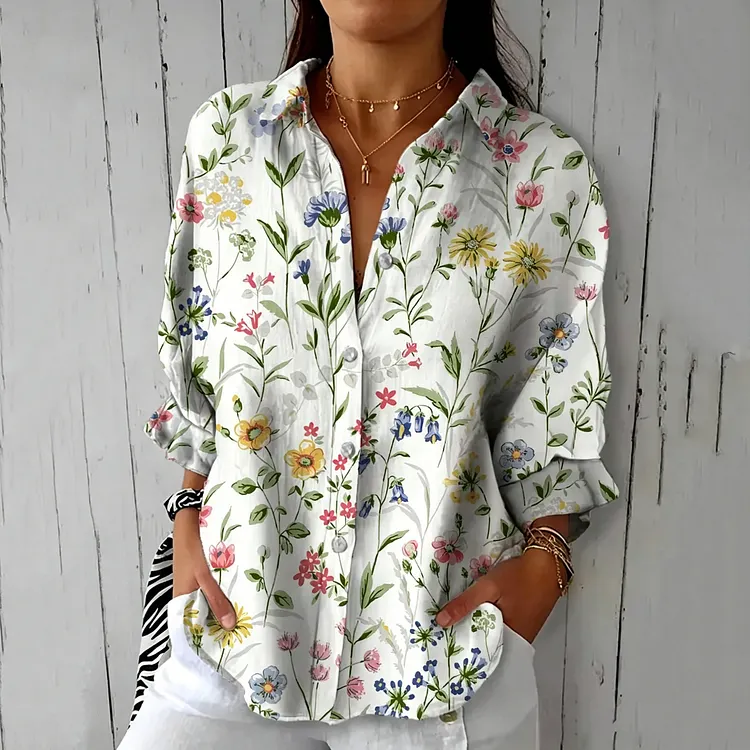 Women's Vintage Floral Art Print Casual Linen Shirt