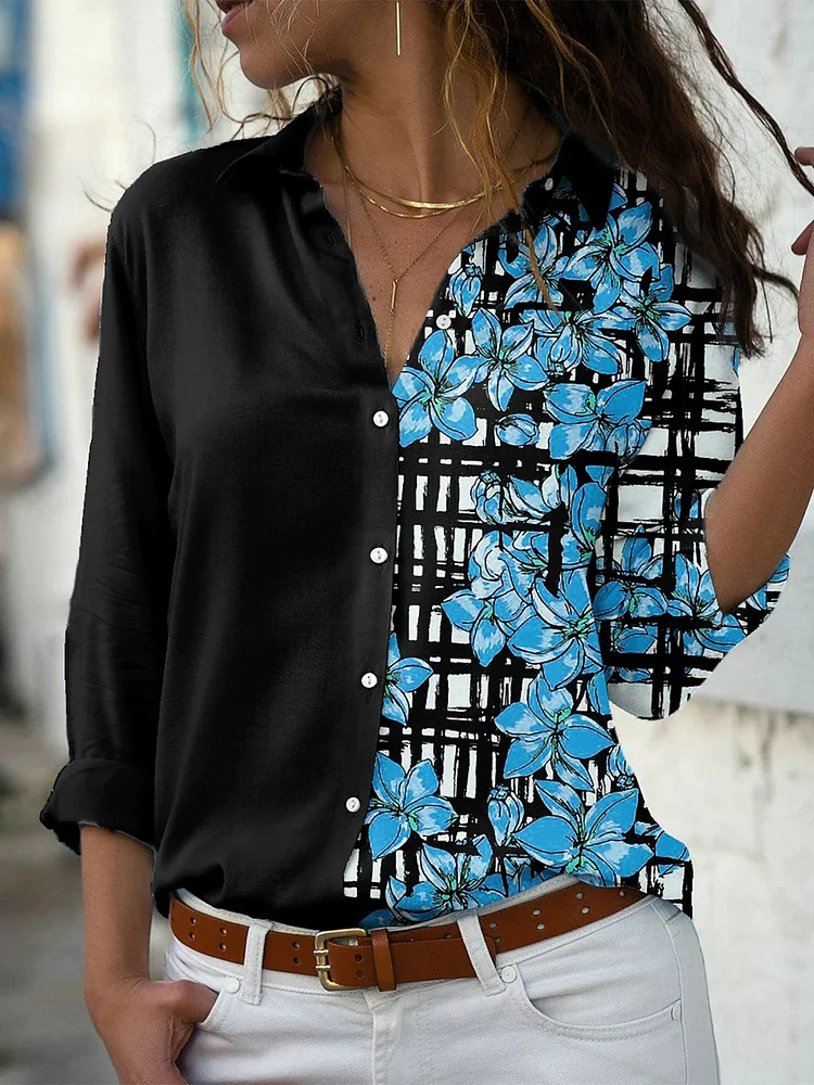 Floral Statement Slim Fit Color Block Shirts & Tops