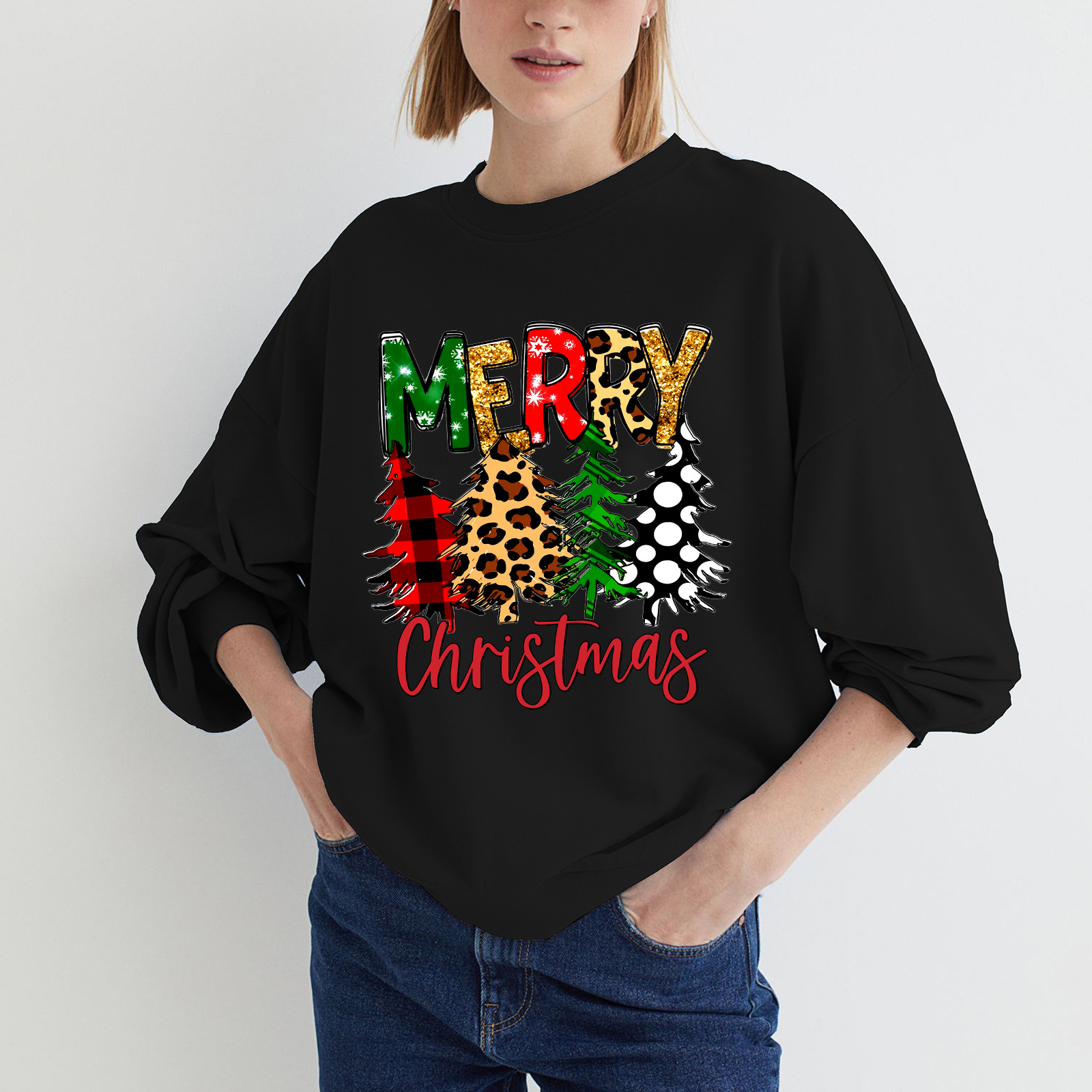 Christmas print drop-shouldered round neck hoodie