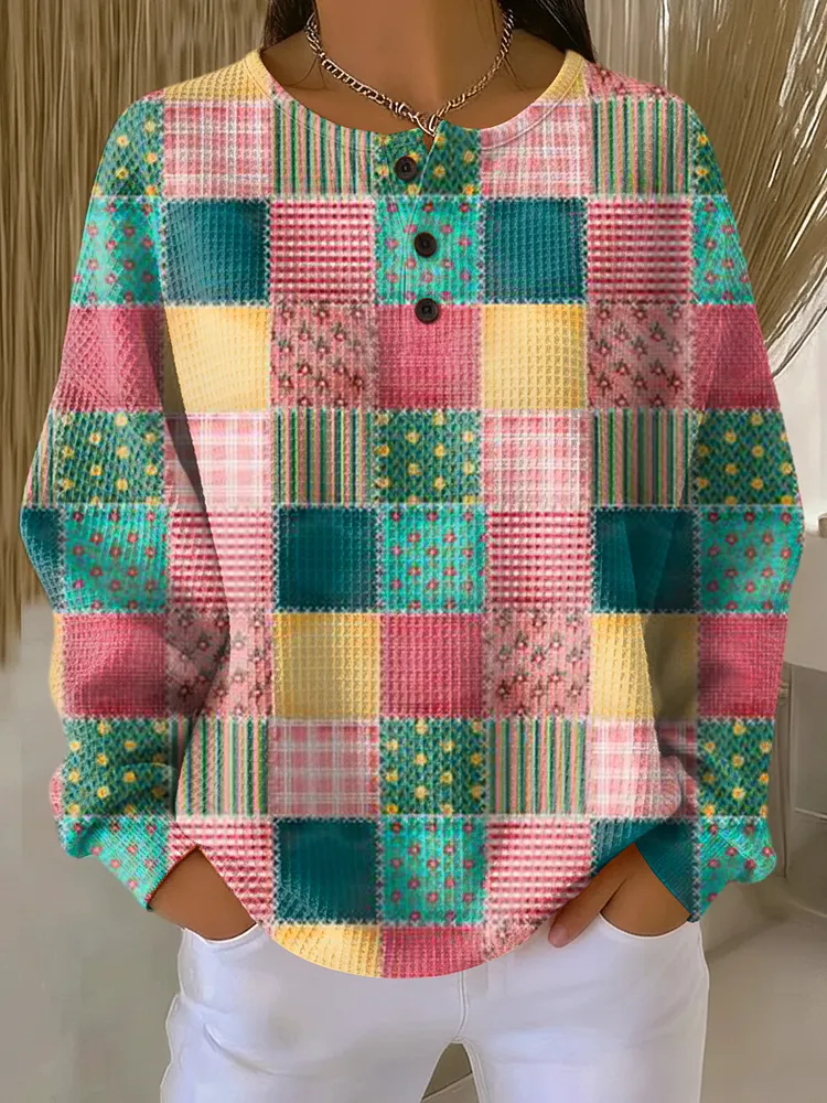 Women's Beautiful Ethnic Check Pattern Art Print Casual Waffle Henry Collar Sweatshirt