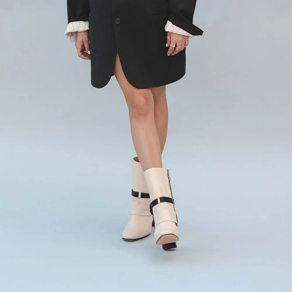 Chic Beige & Black Square Toe Chunky Heel Boots for Women with Zipper