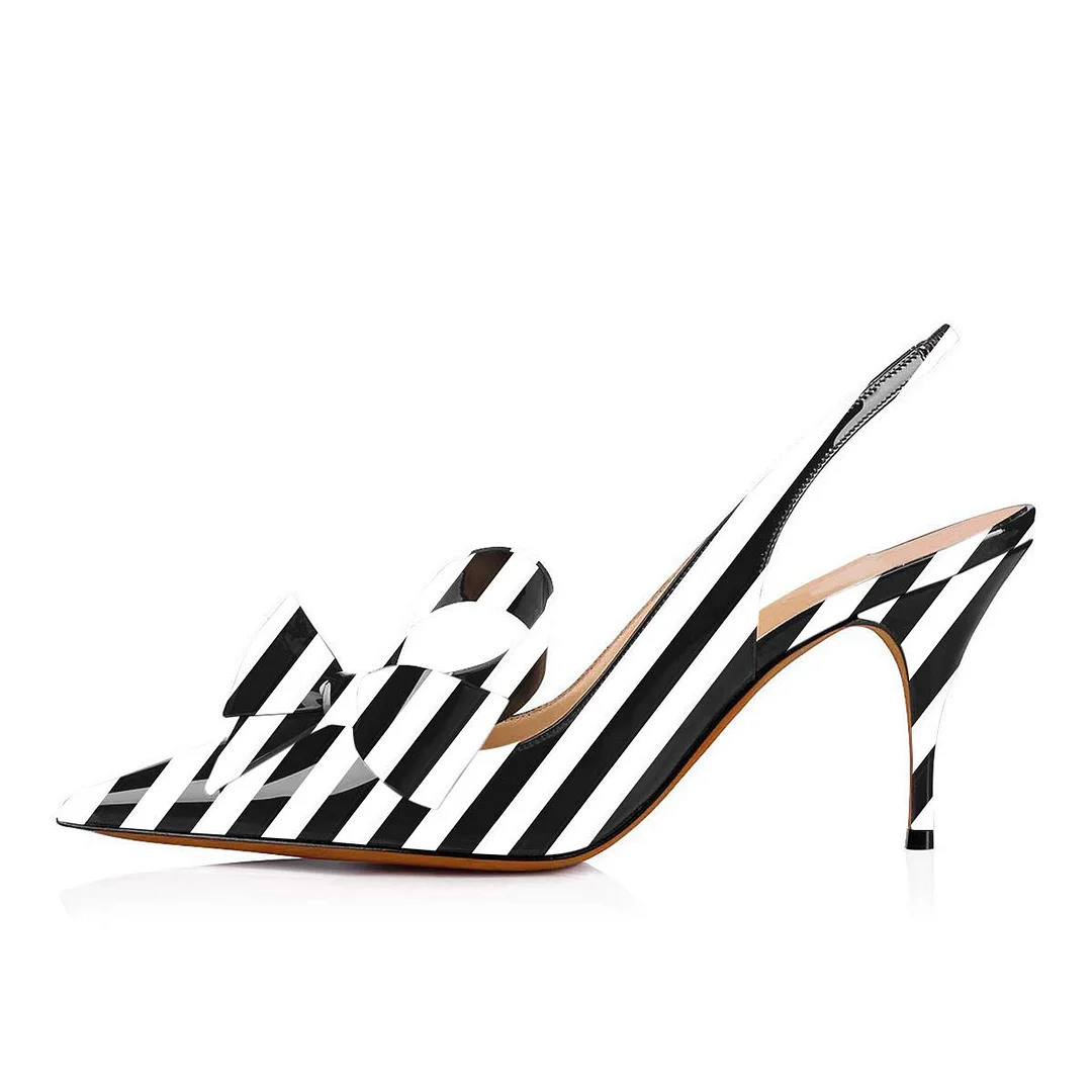 Black & White Stripes Pointed Toe Slingback Pumps with Bows