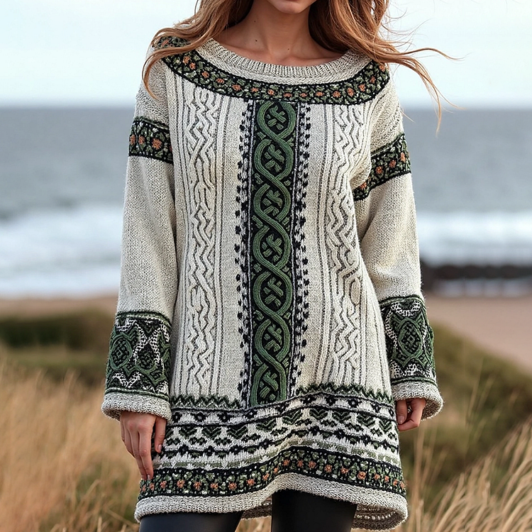 Utbros Women's Irish Celtic Knotted Floral Jacquard Crew Neck Sweater Dress