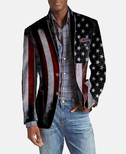 Striped Star Print Patchwork Single Breasted Blazer