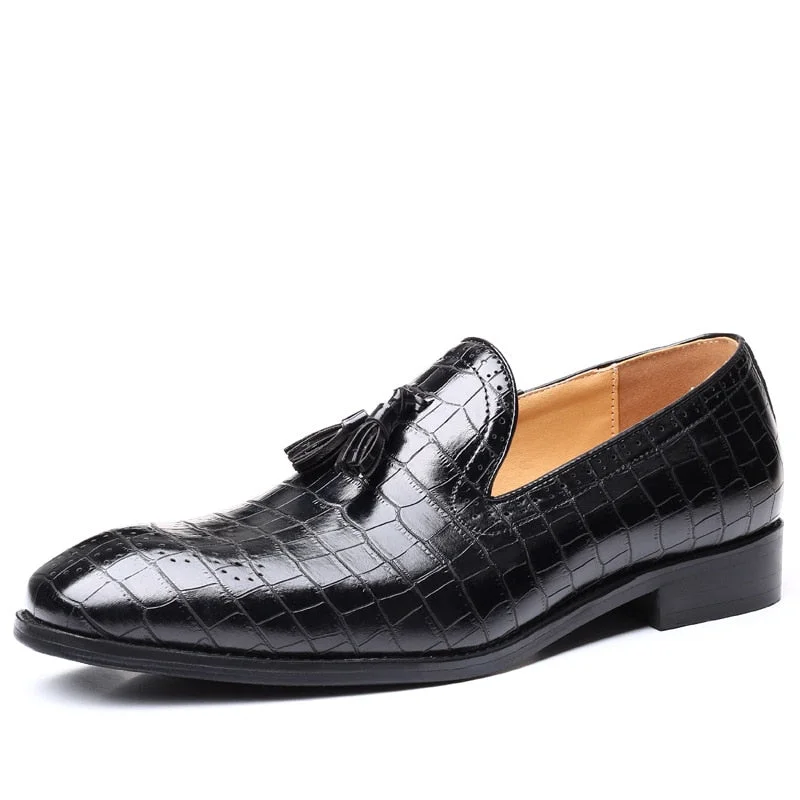 Inongge New Loafers Men Shoes PU Solid Color Fashion Business Casual Party Daily Crocodile Pattern Tassel Breathable Dress Shoes
