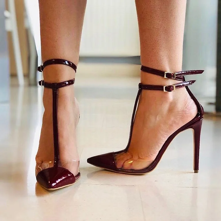 Burgundy Patent Leather & Transparent PVC Patchwork T-Strap Heels |FSJ Shoes
