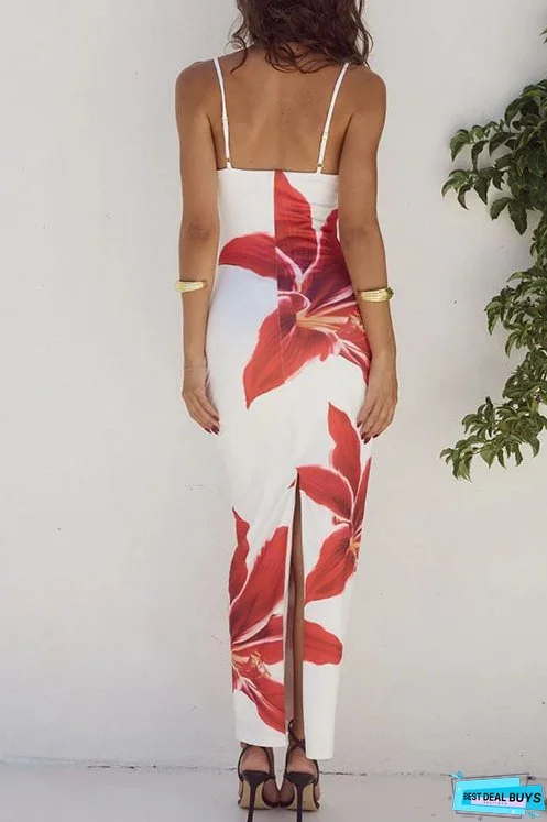 Meridress Spaghetti Strap Back Slit Lily Print Bodycon Maxi Dress