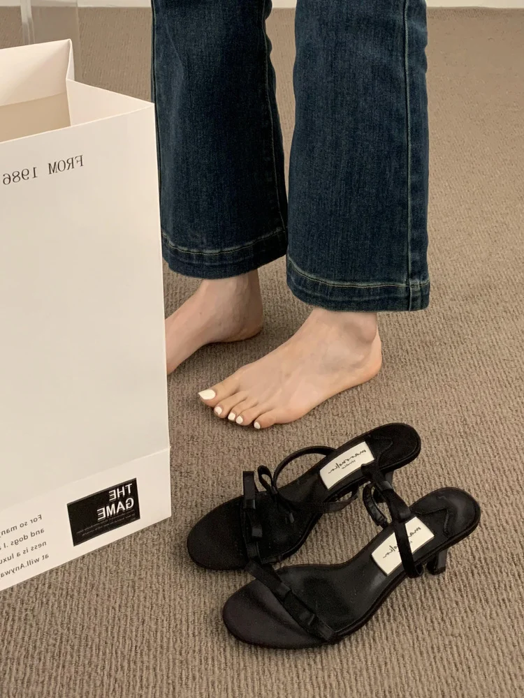 Breakj Breakj Fairy Wind Bow Black High Heels Women Cut Men And Cool Slippers Dew Word With Beautiful Sandals