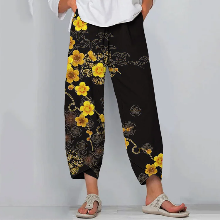 VChics Japanese Art Flower Print Loose Casual Pants