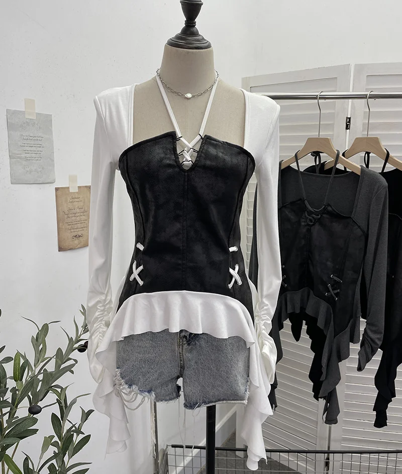 Uveng Dark Tidal Irregular Hanging Neck Tie With Hollow Spliced Niche Pads On The Shoulder With Long-Sleeved T-Shirt 2695