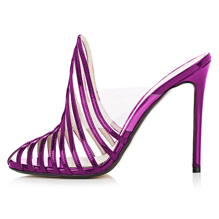 FSJ Purple Patent Leather and Clear Mule Heels Peep Toe Stiletto Heels |FSJ Shoes