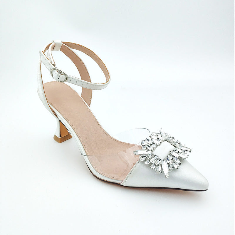 Crystals rhinestone ankle strap pumps kitten heels cut-out closed toe sandals wedding shoes