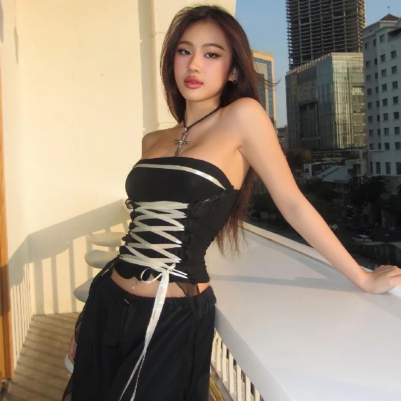 Brownm Brownm New Fashion Sexy Pure Desire Wind Cross Tie A Word Shoulder Slim Show Thin Wipe Chest Vest Female