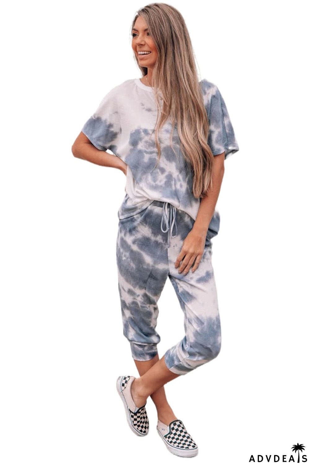 Tie-dyed Short Sleeve Top and Elastic Waist Pants Set
