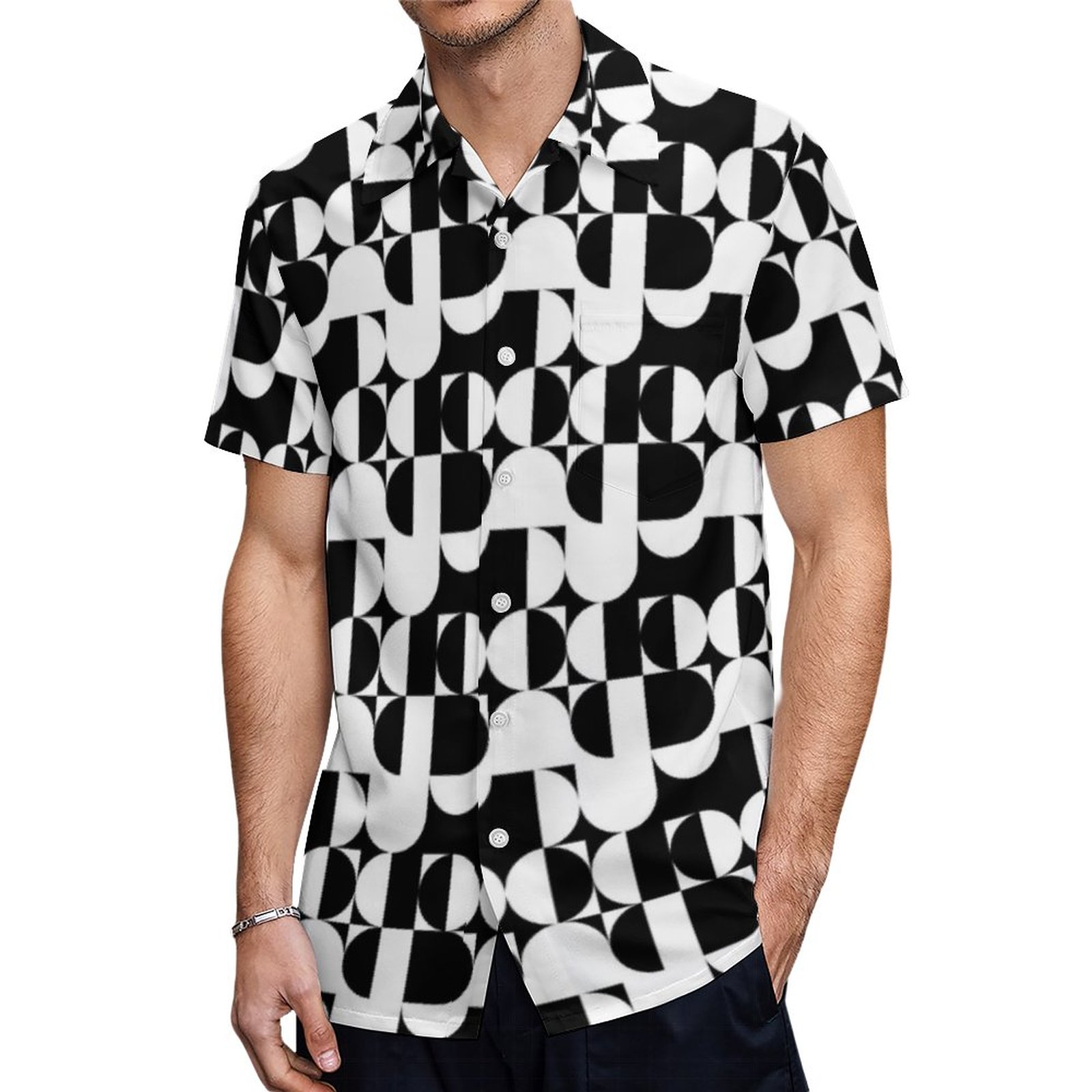 Bauhaus Style Black And White Geometric Retro Hawaiian Shirt Mens Button Down Tropical Hawaii Beach Shirts