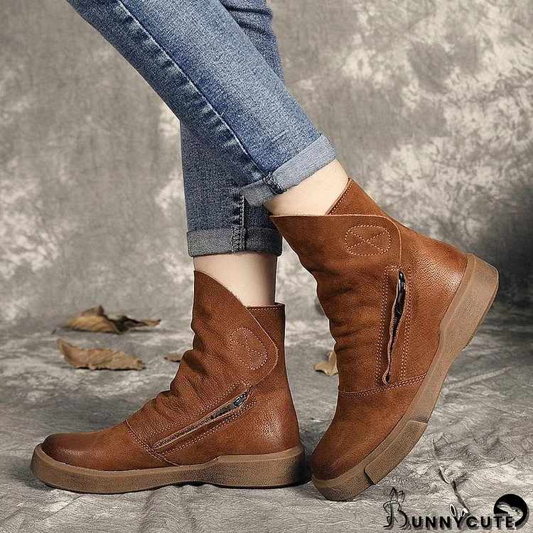 Chocolate zippered Casual  Boots Cowhide Leather