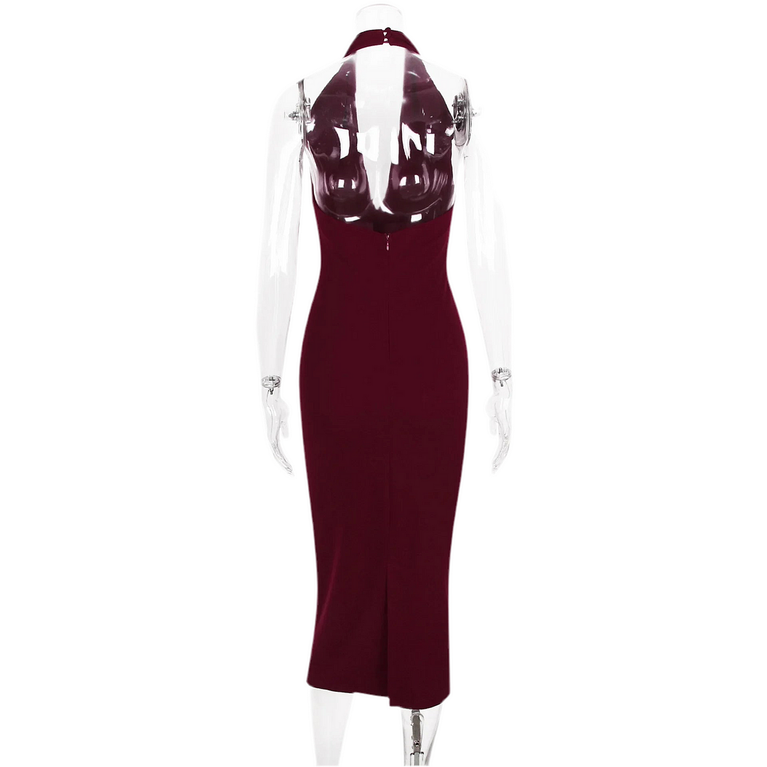 Toloer Burgundy Large Collar Halter Midi Dress-Outfit Ideas