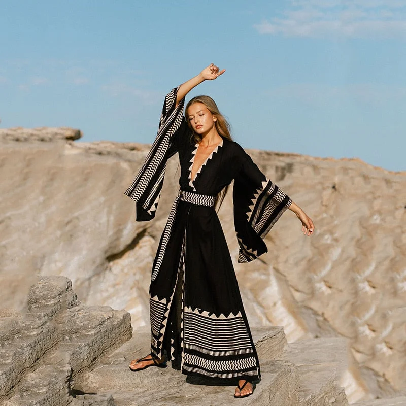 Graduation Gift 2023 Black Bohemian Print Women Dress Beach Long Sleeve Summer V Neck Bandage Casual  Holiday Maxi Dresses Party Club