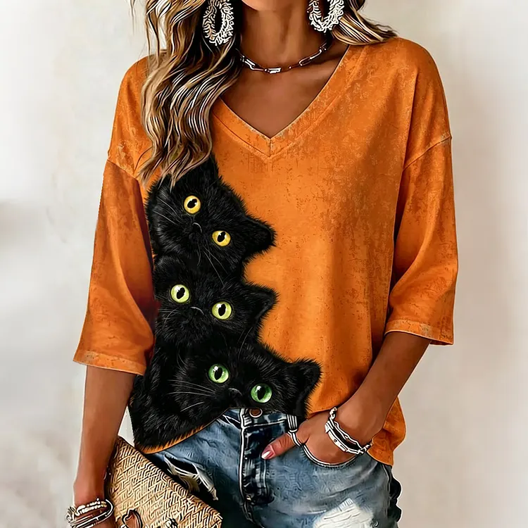 Women&rsquo;s Realistic 3d Clinging Fluffyblack Cat Print Three-quarter Sleeve T-shirt