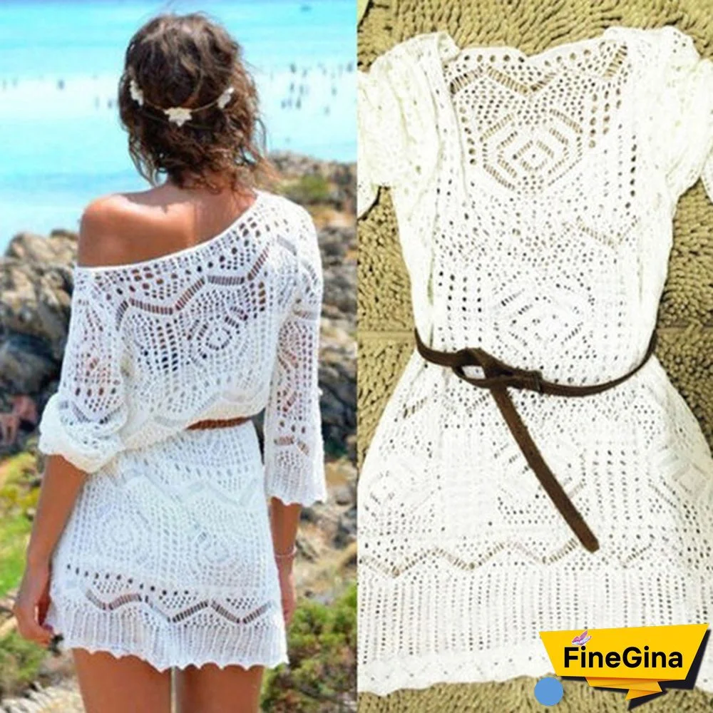 Women White Summer Boho Lace Hollow Out Bikini Swimwear Cover Up Crochet Beach Mini Dress Tops Blouse