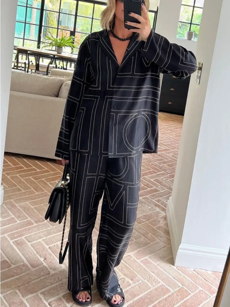 Casual Patchwork Printed 2 Piece-Set For Women Trousers Fashion Lapel Shirts Nightwear Slim High Waist Women&rsquo;s Pants Sets 