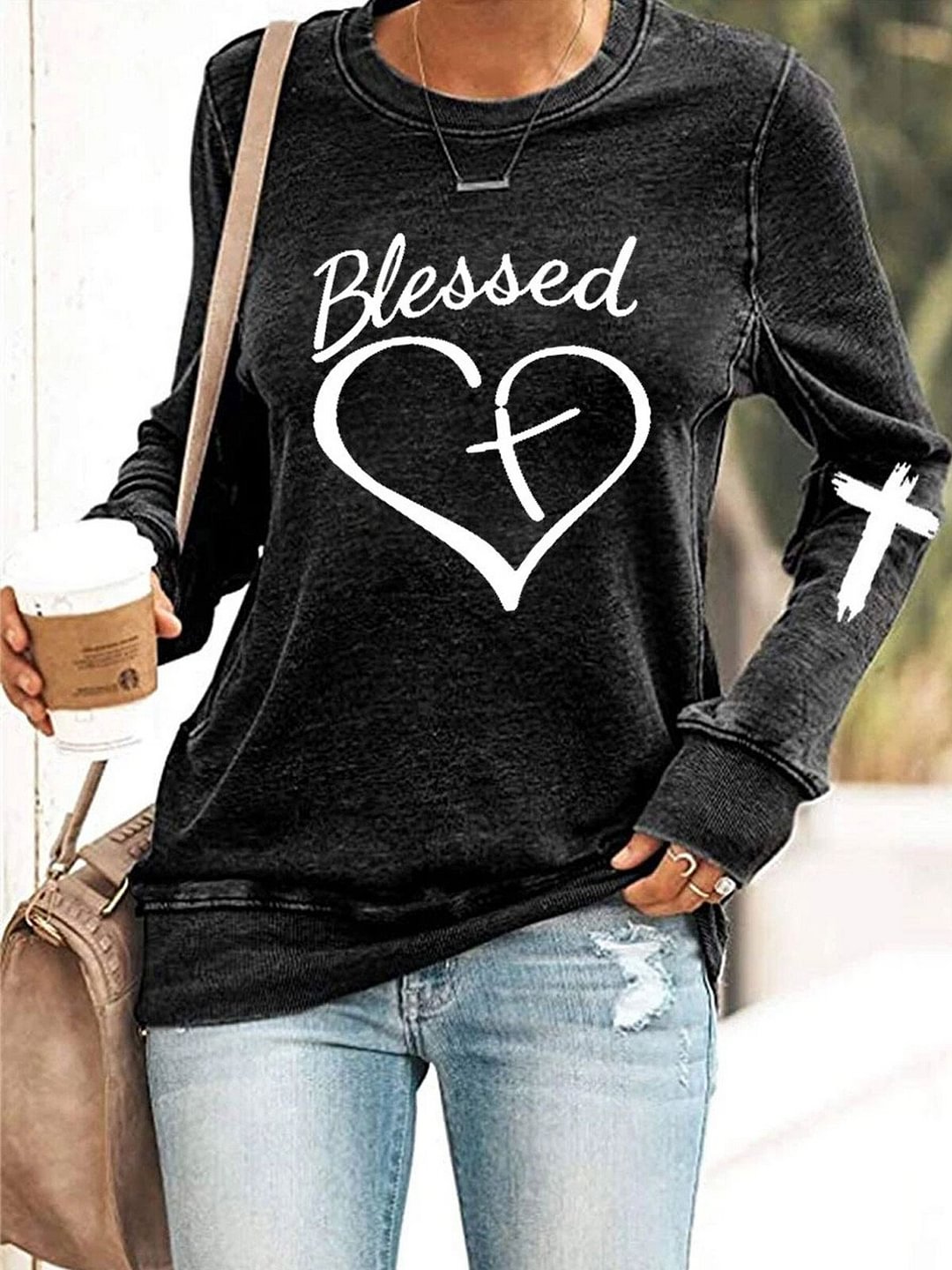 Women's Blessed Love Heart Print Casual Sweatshirt