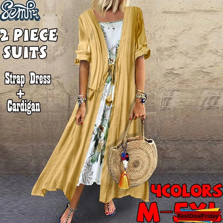 Women Summer Fashion Boho Dress 2 Piece Suits Strap Dress and Cardigan Cotton Linen Long Dress Beach Dress Sundress Plus Size