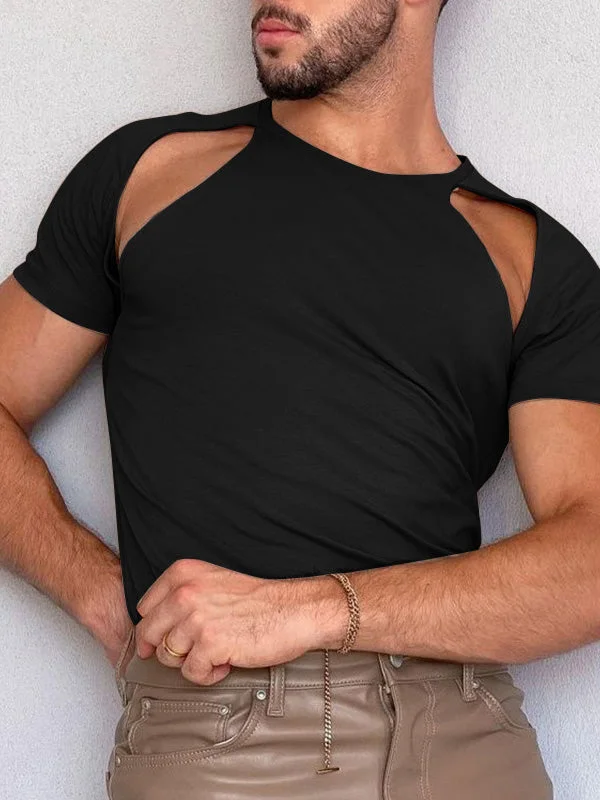 Aonga - Mens Shoulder Slanted Cutout Short-sleeved T-shirtI