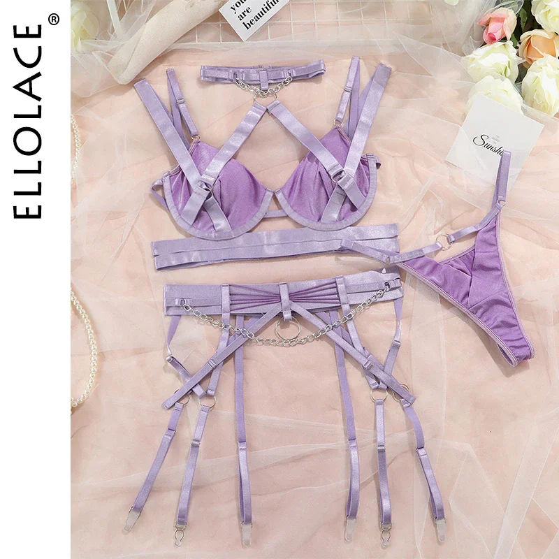 Billionm Lingerie For Women Luxury Lace 4-Pieces Sexy Couple Underwear Fancy Halter Bra And Panty Exotic Sets Lavender Intimate