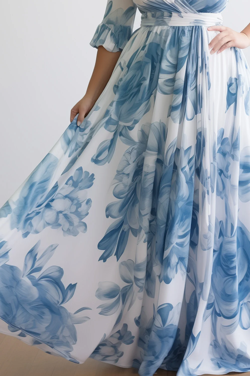 Flycurvy Plus Size Wedding Guest Light Blue Chiffon Floral Print Wrap Flare  Sleeve Maxi Dress- Flycurvy
