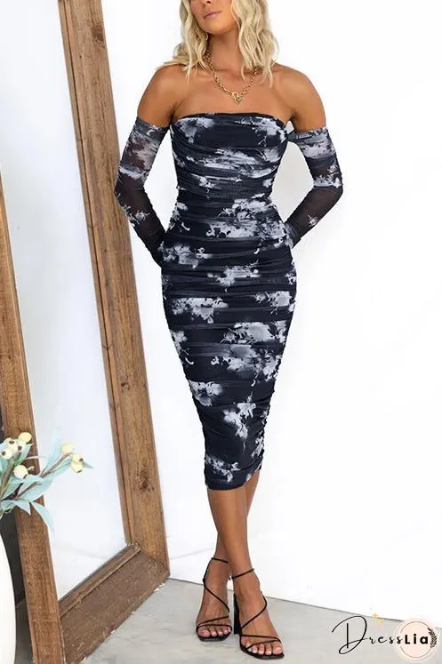 Off Shoulder Long Sleeves Printed Bodycon Midi Dress