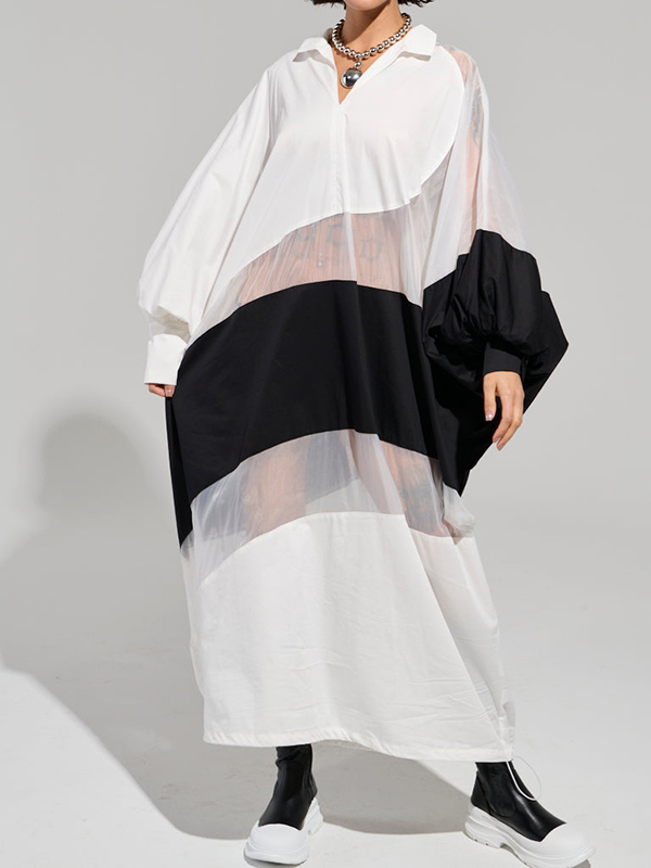 Foldover Pointed Collar Colorblocked Bubble Hem Midi Dress
