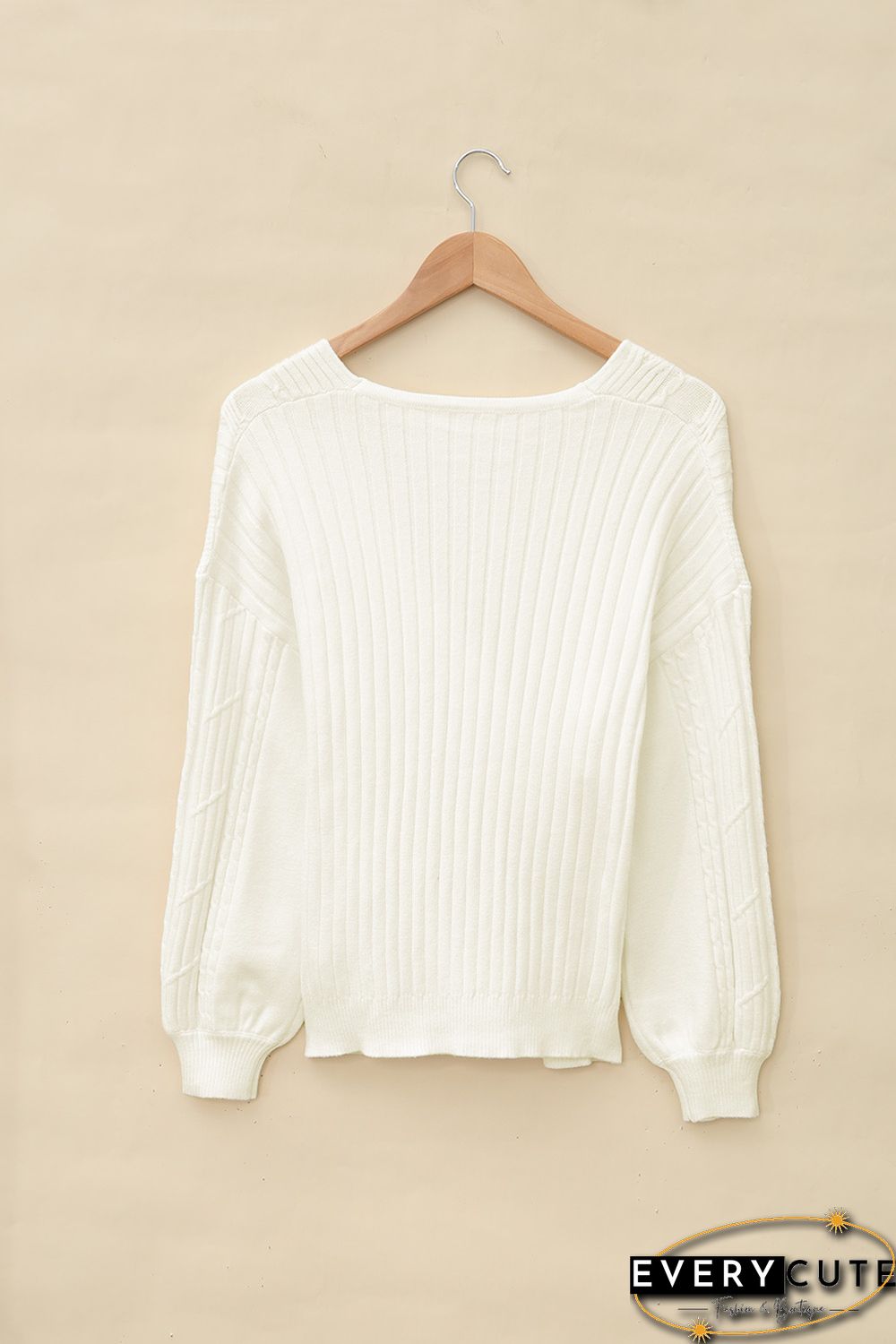 Beige Wrap V Neck Lantern Sleeve Textured Sweater