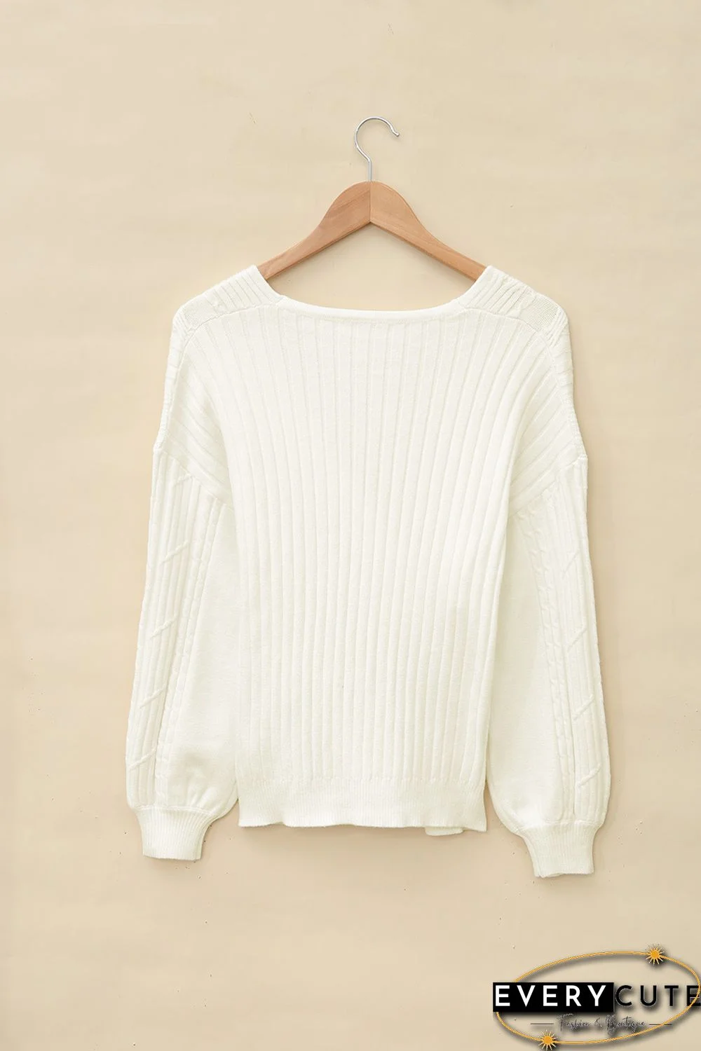 Beige Wrap V Neck Lantern Sleeve Textured Sweater