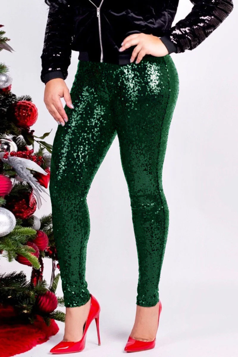 Green Fashion Party Solid Sequins Sequined Skinny Mid Bottoms | EGEMISS