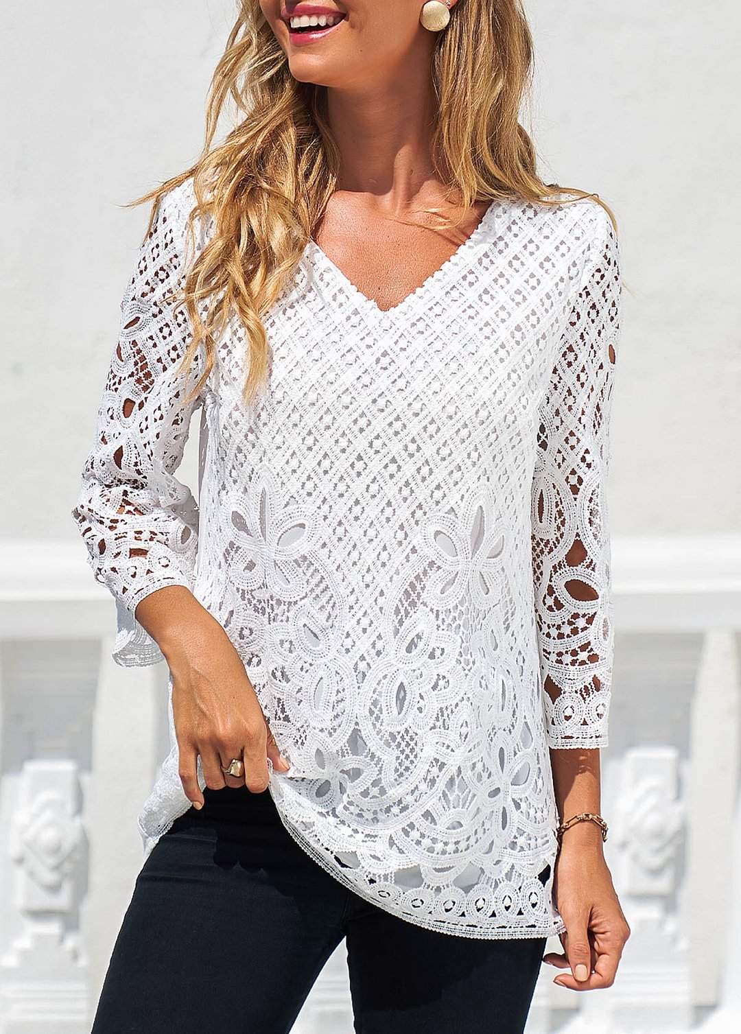 Lace Stitching White V Neck Blouse