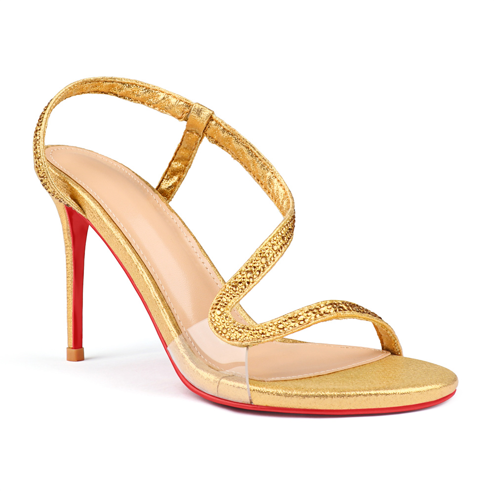 100mm Women's  Red Bottom  Sandals Stiletto Spotlight Wavy Straps High Heels Ankle Strap Studs Shoes-MERUMOTE