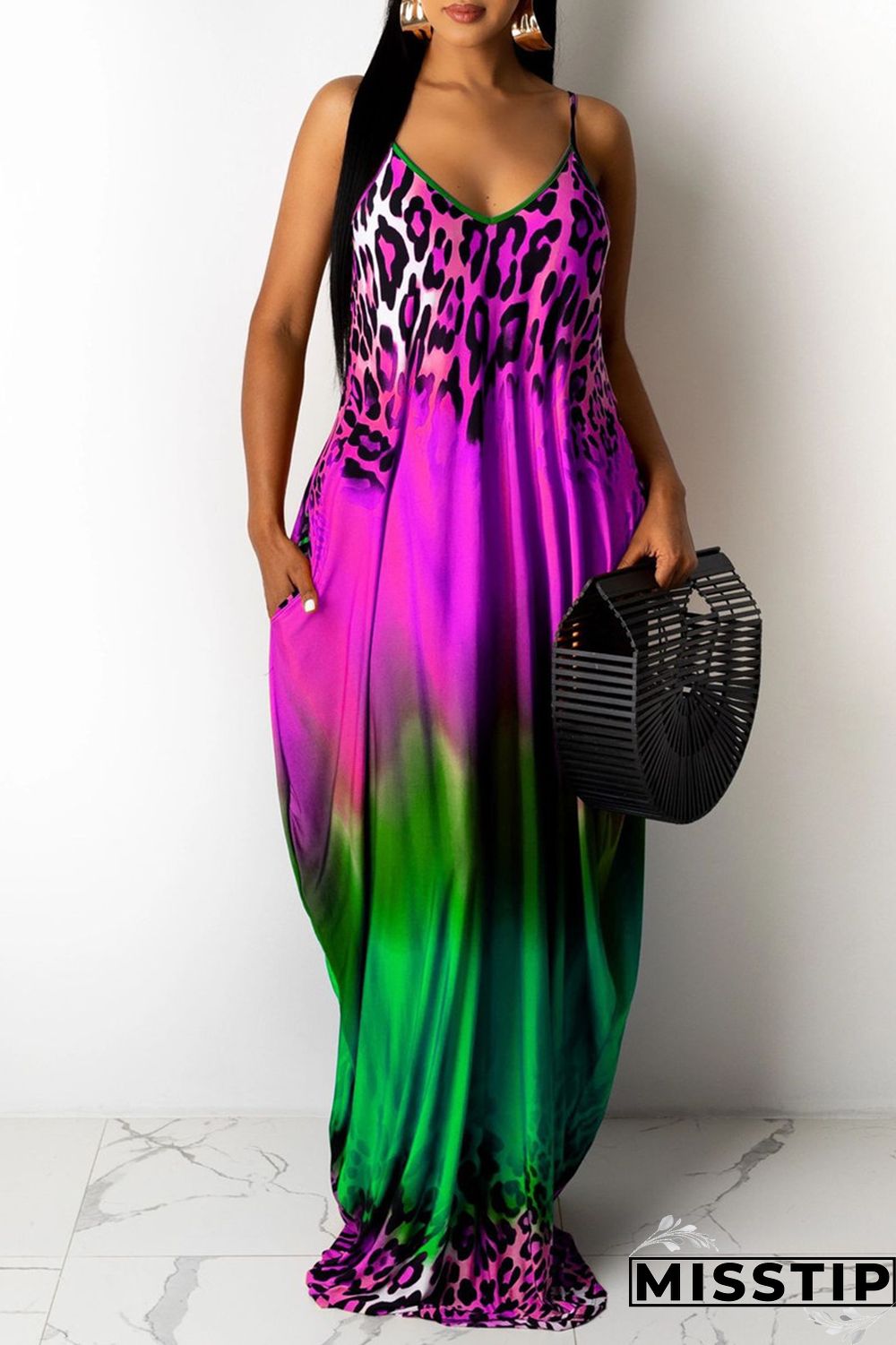 Blue Sexy Casual Print Backless V Neck Sling Loose Dress