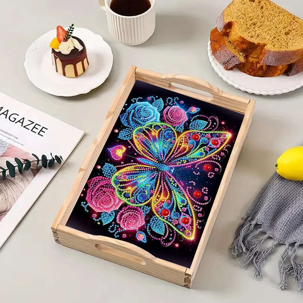 5D DIY Flower Butterfly Diamond Painting Wooden Serving Tray with Handle for Desk
